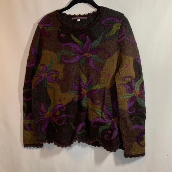 Peruvian Connection Funky Fantasy Floral Art-to-Wear Sweater Alpaca Size Large - Picture 1 of 7